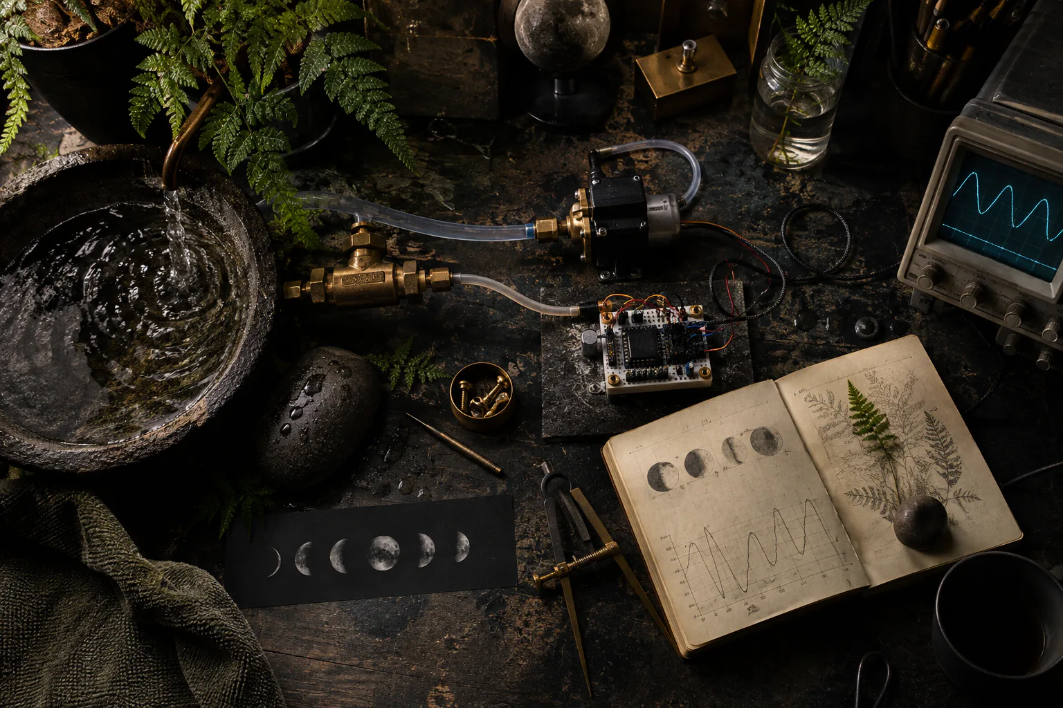 Moon-responsive fountain controls being prototyped on a workshop bench