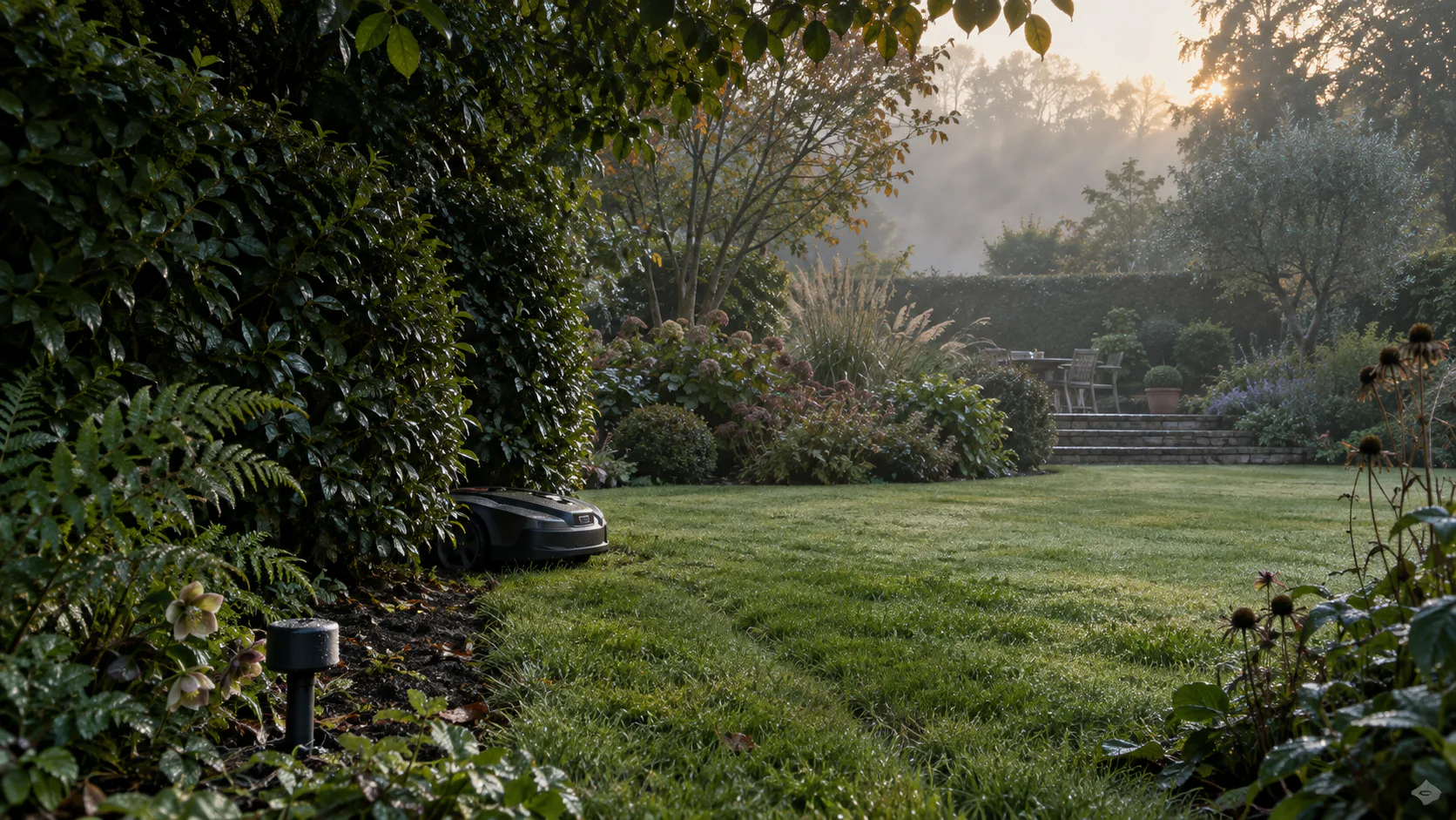 An established Surrey garden with a discreet robotic mower